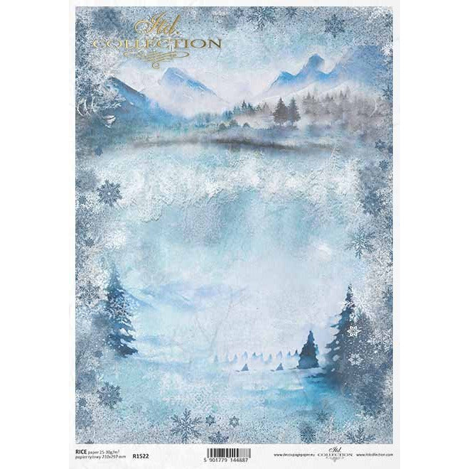 R1522 - Decoupage Rice Paper -  Winter decoupage paper, mountain collage, Christmas, Snowflakes, Stars