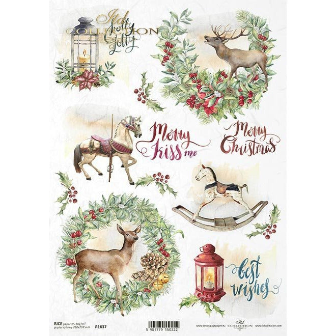 R1637 - Decoupage Rice Paper - Christmas inscriptions, wreaths, pine cones, lanterns, moose, reindeer, rocking horse