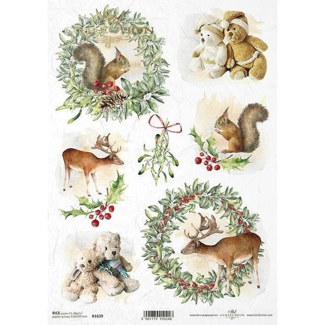 R1639 - Decoupage Rice Paper - Christmas, wreaths, fawns, teddy bears, squirrels, mistletoe