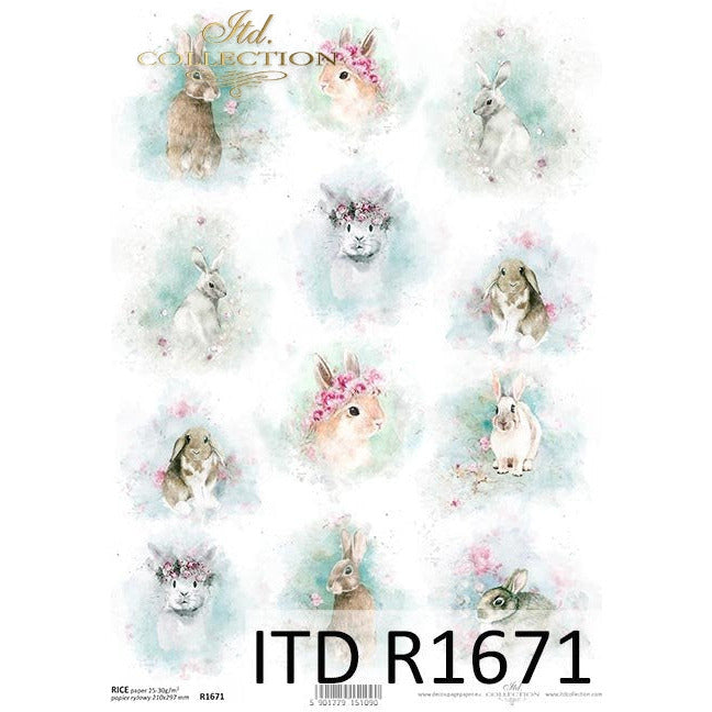 R1671 - Decoupage Rice Paper - Spring Shabby Chic, Watercolors, Pastel Colors, Spring, Easter, Easter Animals, Bunnies, Rabbits