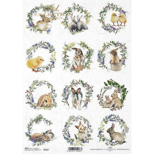 R1827 - Decoupage Rice Paper - Flowers, spring flowers, meadow, Easter animals, Easter, wreaths, wreaths, bunnies, chickens, bunnies, rabbits