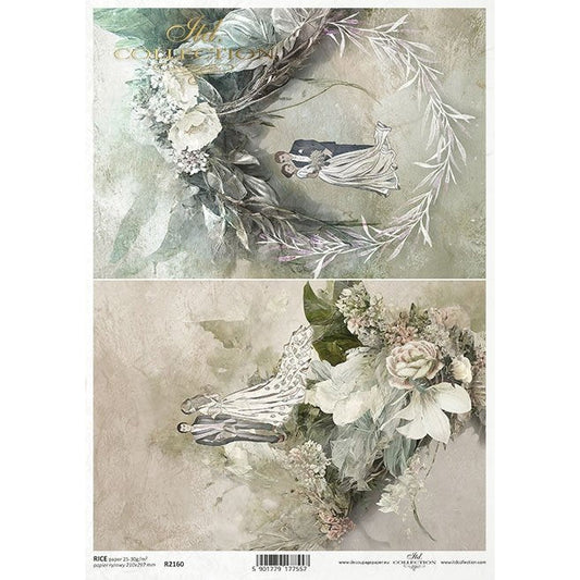 R2160 - Decoupage Rice Paper - plant motifs, floral motifs, background, wallpaper, collage, plants, flowers, young couple, marriage, wedding