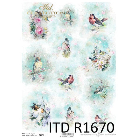 R1670 - Decoupage Rice Paper -  Spring Shabby Chic, watercolors, birds, spring