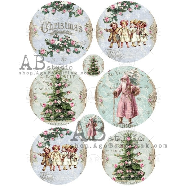 0378 - Rice Paper - AB Studios Shabby Christmas - Vintage Santa, Children, Blue, Roses