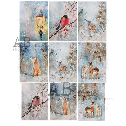 0455 - Rice Paper - AB Studios 9 Small Scenes, Rustic Winter Animals - Deer, Fox, Bird