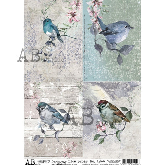 1244 - Rice Paper - Paper Designs - 4 Scenes Watercolor Blue Birds